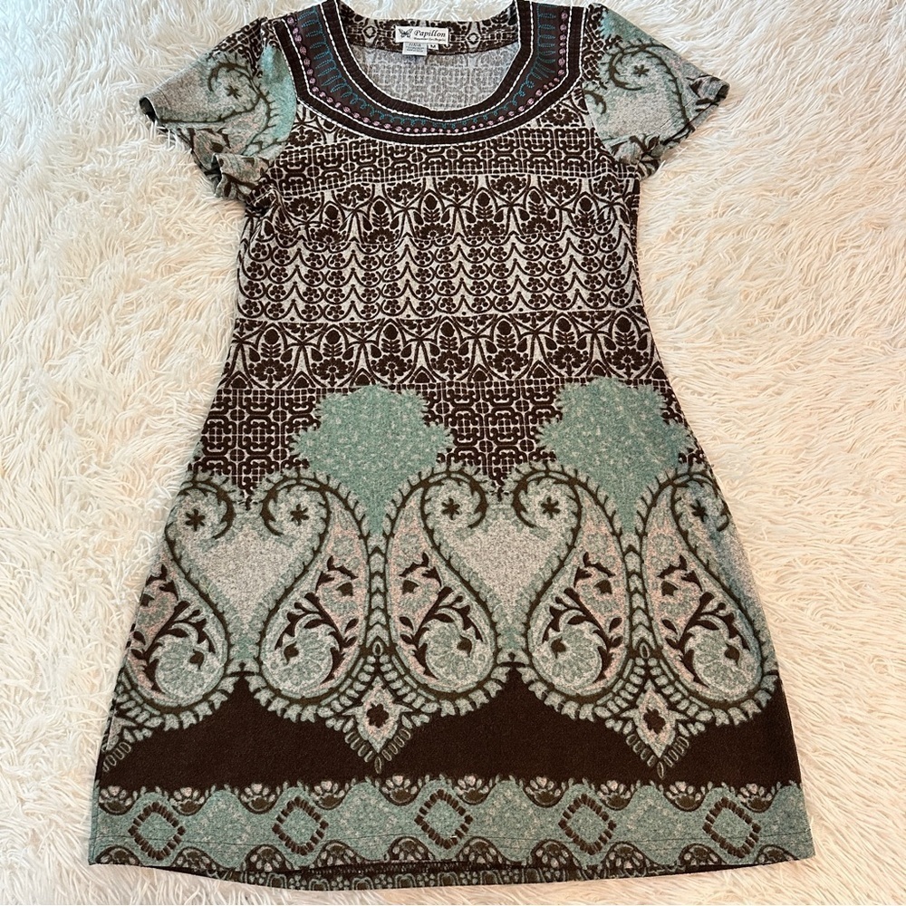 Papillon Boho Paisley Knit Brown Teal Floral Sweater Dress Eclectic Grandpa M - Picture 11 of 16